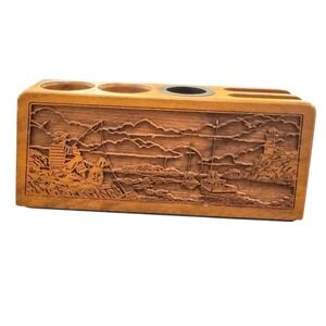 Lasercraft Carved Wood Nautical Desk Organizer Fisherman Lighthouse Boat 1970s